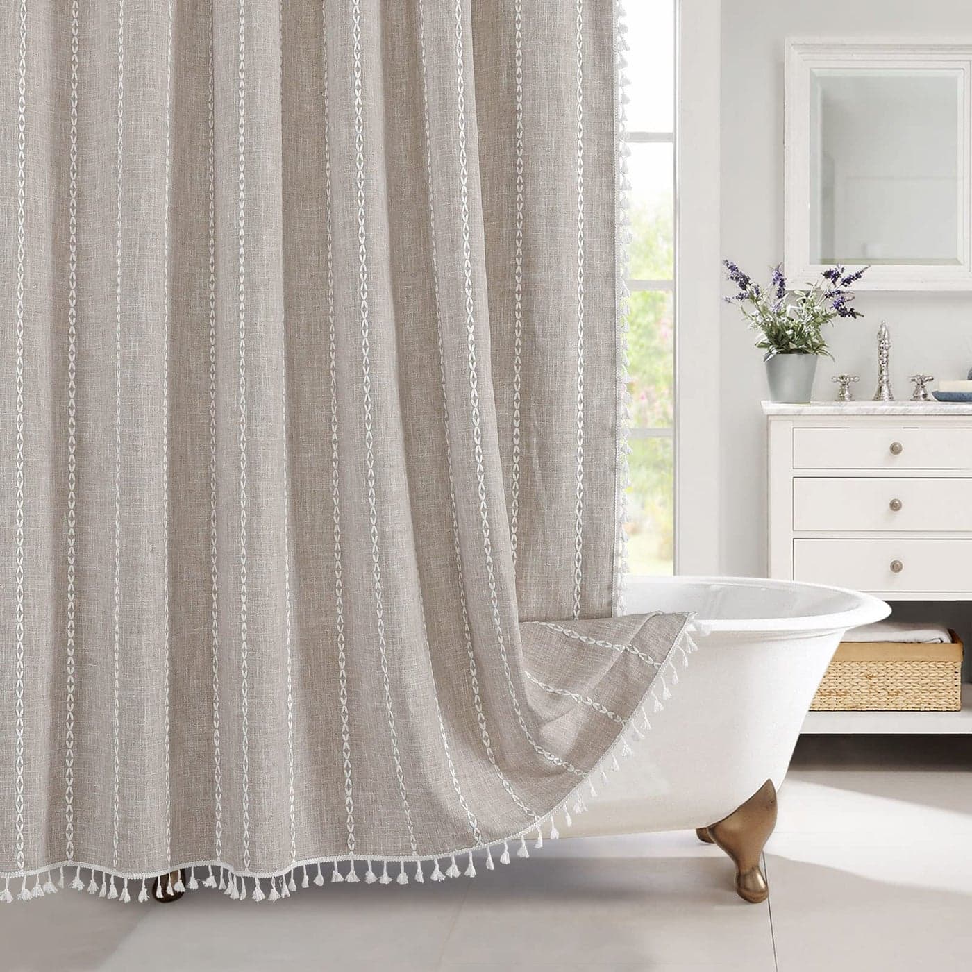 MitoVilla Boho Extra Long Shower Curtain 72 x 84 Tan 84 inch XL Cotton Linen Tassel Fabric Shower Curtain Set with Hooks for Vintage Country Farmhouse Bathroom Decor Thick Wrinkle Resistant