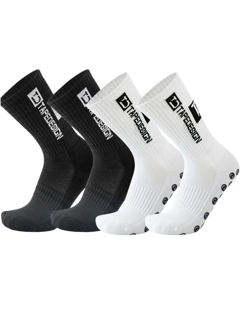 Professional Thick Sports Socks Sweat Absorbing Odor Deodorizing Anti-Slip Football Socks, 2 Pairs (White + Black)