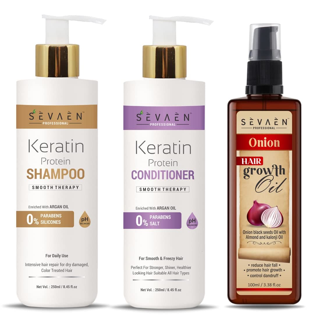 Sevaen Keratin Smooth Daily Shampoo Keratin Smooth Daily Conditioner Onion Hair Oil With Almond And Karonji Oil No Mineral No Sulfate Pack Of 3 For daily care
