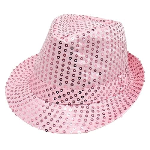 Zhzrche Sequin Fedora Hat Glitter Solid Color Dance Hat Western Retro Disco Cap Unisex Costume Cap for Women Men Party Props Supplies (Pink)