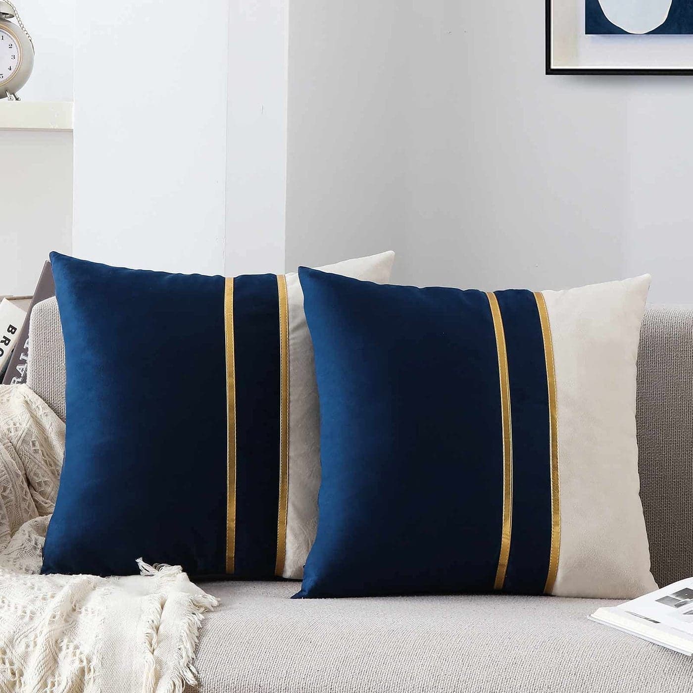WACOMECO Velvet Throw Pillow Covers Pack of 2 Soft Decorative Cushion Covers Cases with Gold Leather for Sofa Bedroom Livingroom Car 18 x 18 in Navy and White