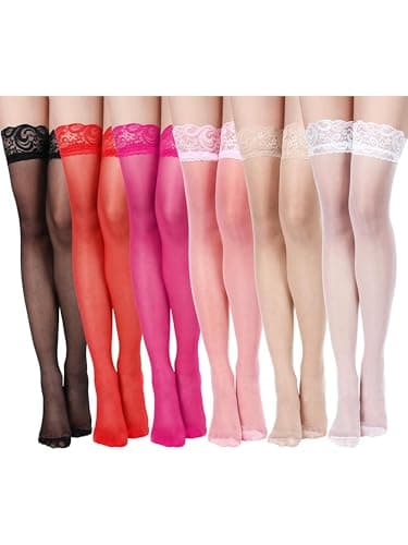 Geyoga 6 Pairs Women's Lace Thigh High Stockings over The Knee Stockings for Women Sheer Thigh High with Lace Top(Black, White, Skin Color, Red, Rose Red, Pink,M)