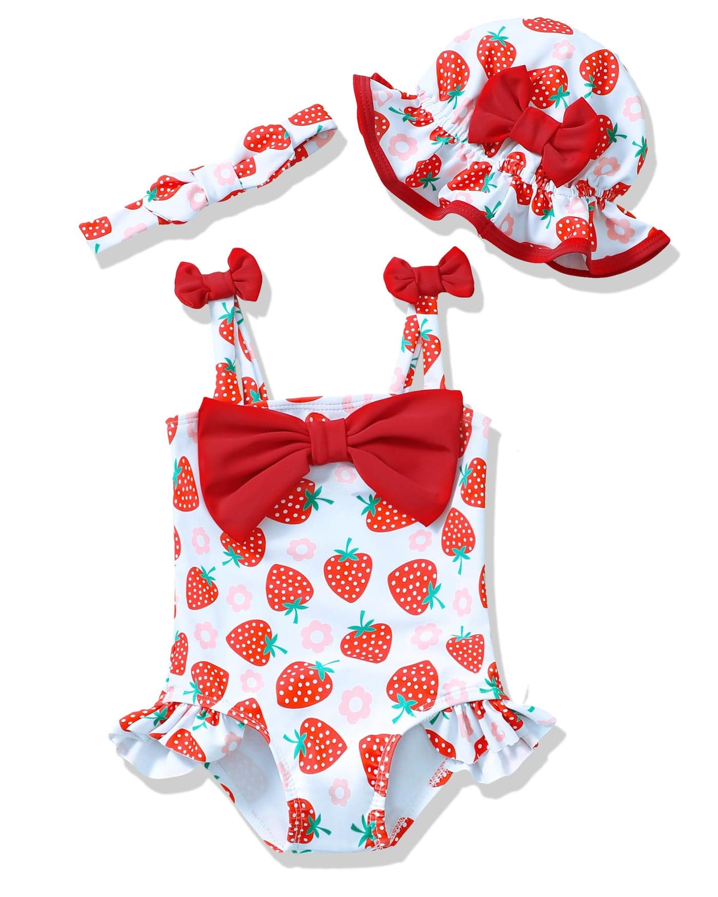 Renotemy Baby Girl Swimsuit 12-18 Months Infant Bathing Suit Girl One-Piece Sleeveless Bikini Tankini Rash Guard Strawberry Baby Swimsuit Girl 12-18 Months with Sunhat Beach Baby Essentials Pink