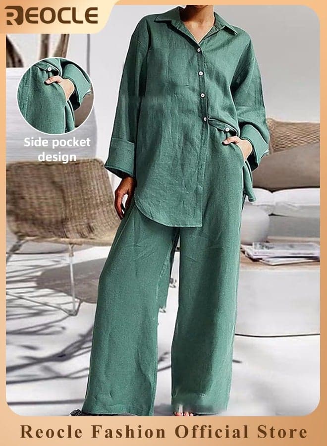 Light Sportswear Women's Casual Loose Large Size Curve Suit Elegant Shirt Trousers Linen Lightweight Suit Summer Cotton Two-piece Suit Green