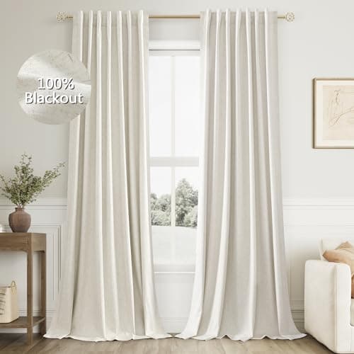 Cream Linen Blackout Curtains 96 Inch Length 2 Panels Set for Living Room Bedroom Back Tab Thermal Insulated 100 Black Out Linen Drapes Room Darkening Window Curtains 96 Inches Long Ivory Natural
