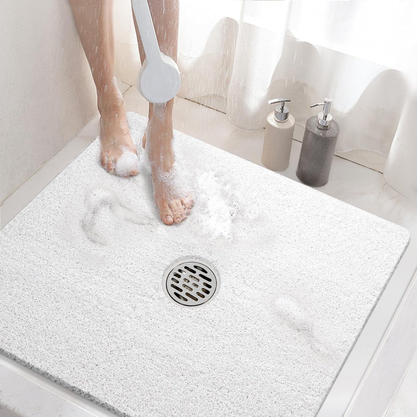 HITSLAM Square Shower Mat 24 x 24 Inch Non Slip Bath Mat for Tub Soft PVC Loofah Bathtub Mats with Drain Holes Quick Drying Bathroom Stall Floor Mat Bathroom Accessories Without Suction Cup White