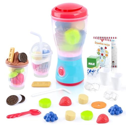 PLAY Smoothie Maker Toy Blender Set 27 Pcs Pretend Play Kitchen Appliance for Kids with Realistic Action Light and Sound Play Toy Food Fruits and Cookies Toy Mixer Birthday Gift for Kids Ages 3