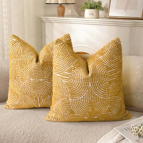 AELS Boho Decorative Textured Throw Pillow Covers 18x18, Organic Modern Mid Century Rainbow Tufted Pillow Case, Farmhouse Rustic Geometric Woven Cushion Case for Bed Couch Sofa, Mustard Yellow