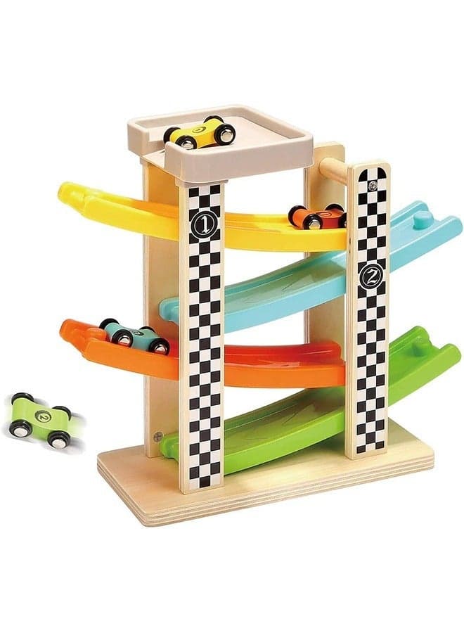 4 Layers Children Wooden Sliding Motor Racing Track Toy Car Game Ramp Racers with 4pcs Cars