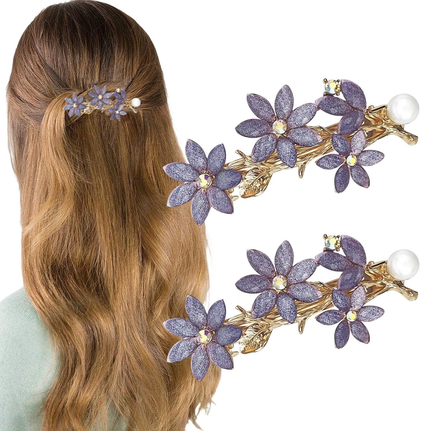 2 PACK Rhinestone Hair Clips Barrettes for Women Purple Vintage Rhinestone Hair Clips Sparkly Crystal Clips Flower Small Hair Barrettes Fancy Wedding Hair Accessories for Women Girls Bridal
