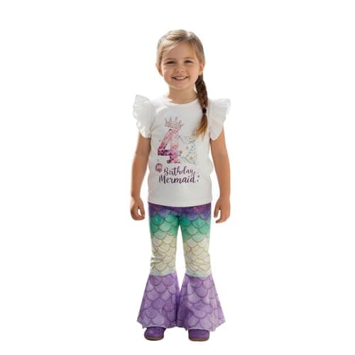 Honganda Toddler Baby Girl Birthday Mermaid Outfit 2nd 3rd 4th T-shirt Top with Mermaid Pants Summer Cake Smash Clothes Set (Four, 4T)