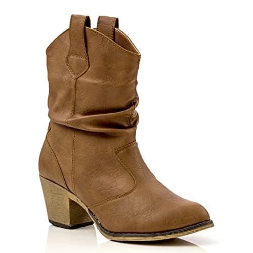 Charles Albert Modern Western Cowboy Boots for Women Ladies Stacked Heel Ankle Cowgirl Boots with Pull-Up Tabs in Cognac Size 11