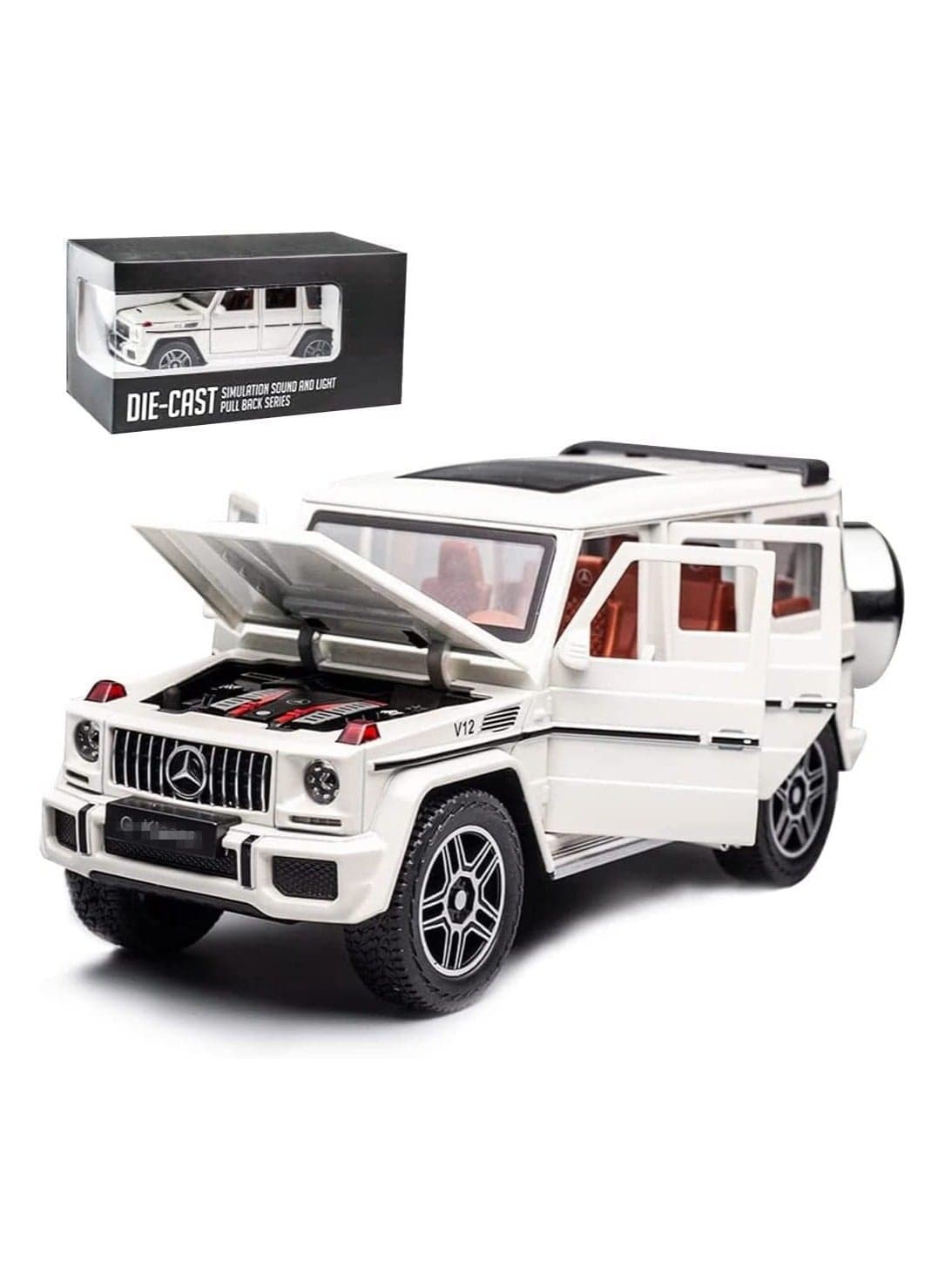 1:24 Casting Model Kit for Mercedes-Benz G65 AMG Big G Sound and Light Pull Back Car Alloy Model Toys Decorative Ornaments (White)
