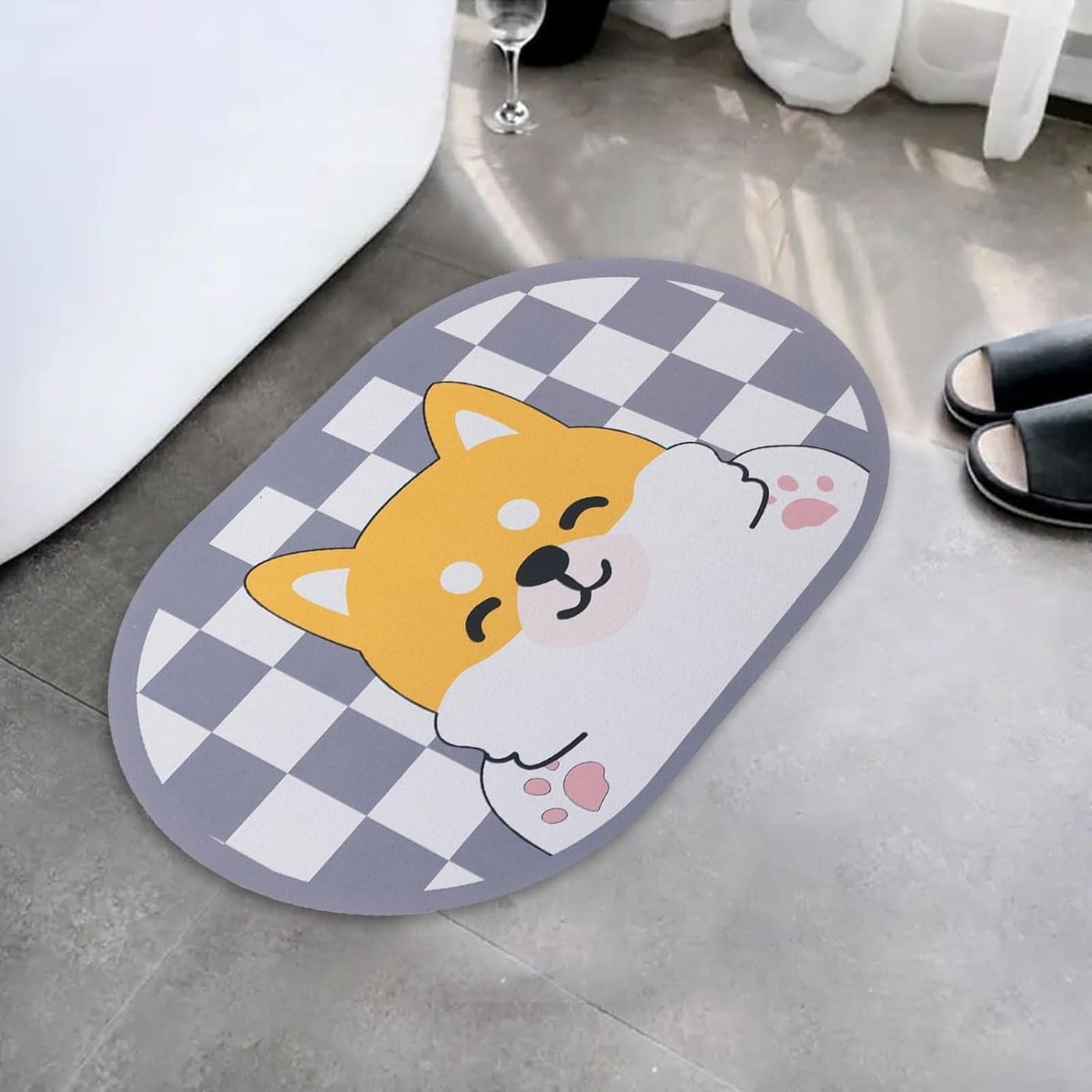 UMAI X SAVYA Home Multipurpose Mat for Kids Bedroom, Play Area, Living Room, Bathroom, Shower | 60 x 40, Grey & Yellow | Anti-Skid, Cute Puppy Design Doormat