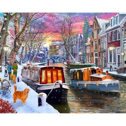 Vermont Christmas Company Winter Canal Jigsaw Puzzle 1000 Piece Large Pieces Fully Interlocking Randomly Shaped Pieces