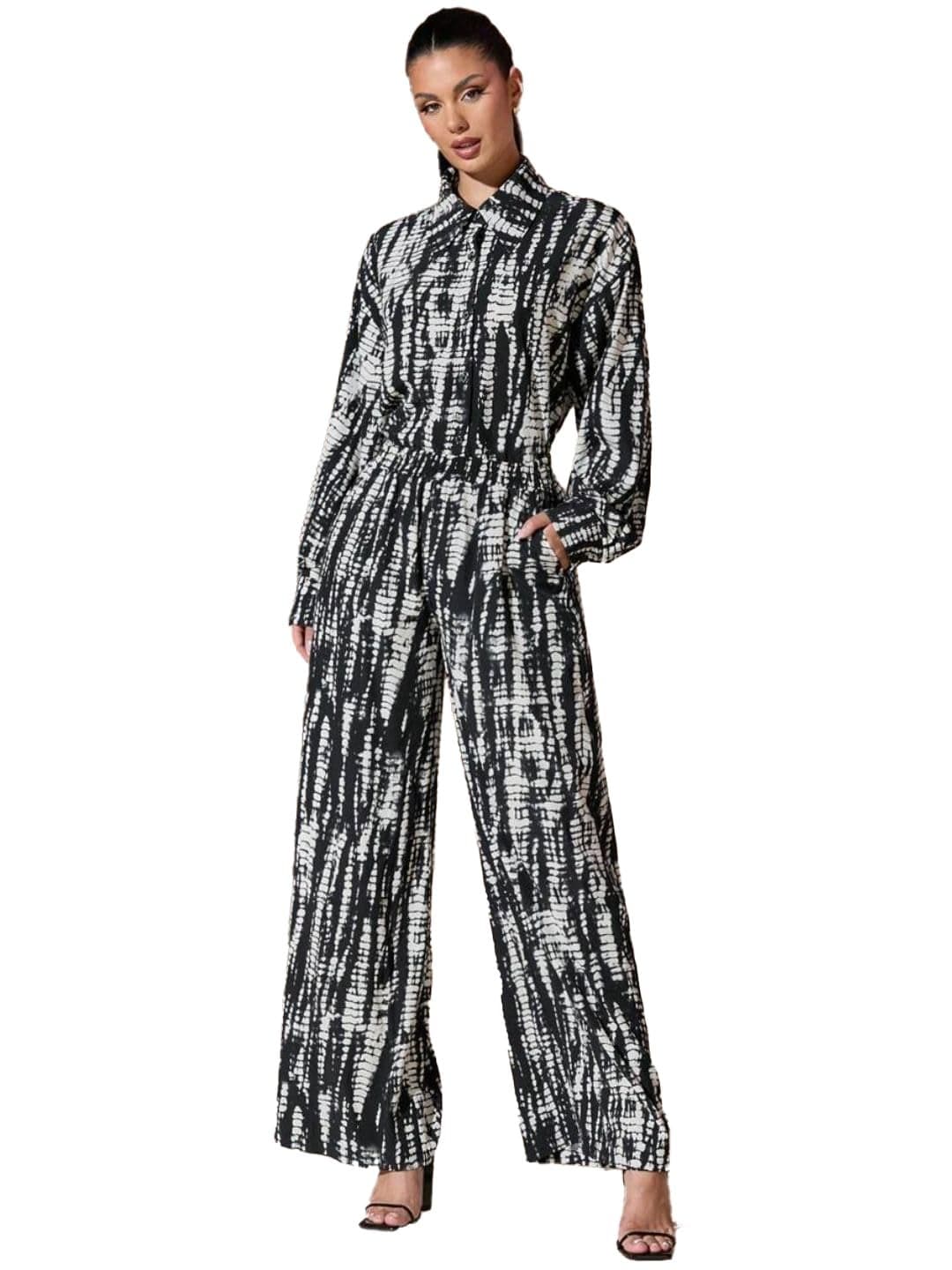 Trendy Queen Black White Printed Co Ord Set Women Shirt Palazzo Outfit Button Down Top High Waist Wide Leg Pants Casual Office Party Summer Style