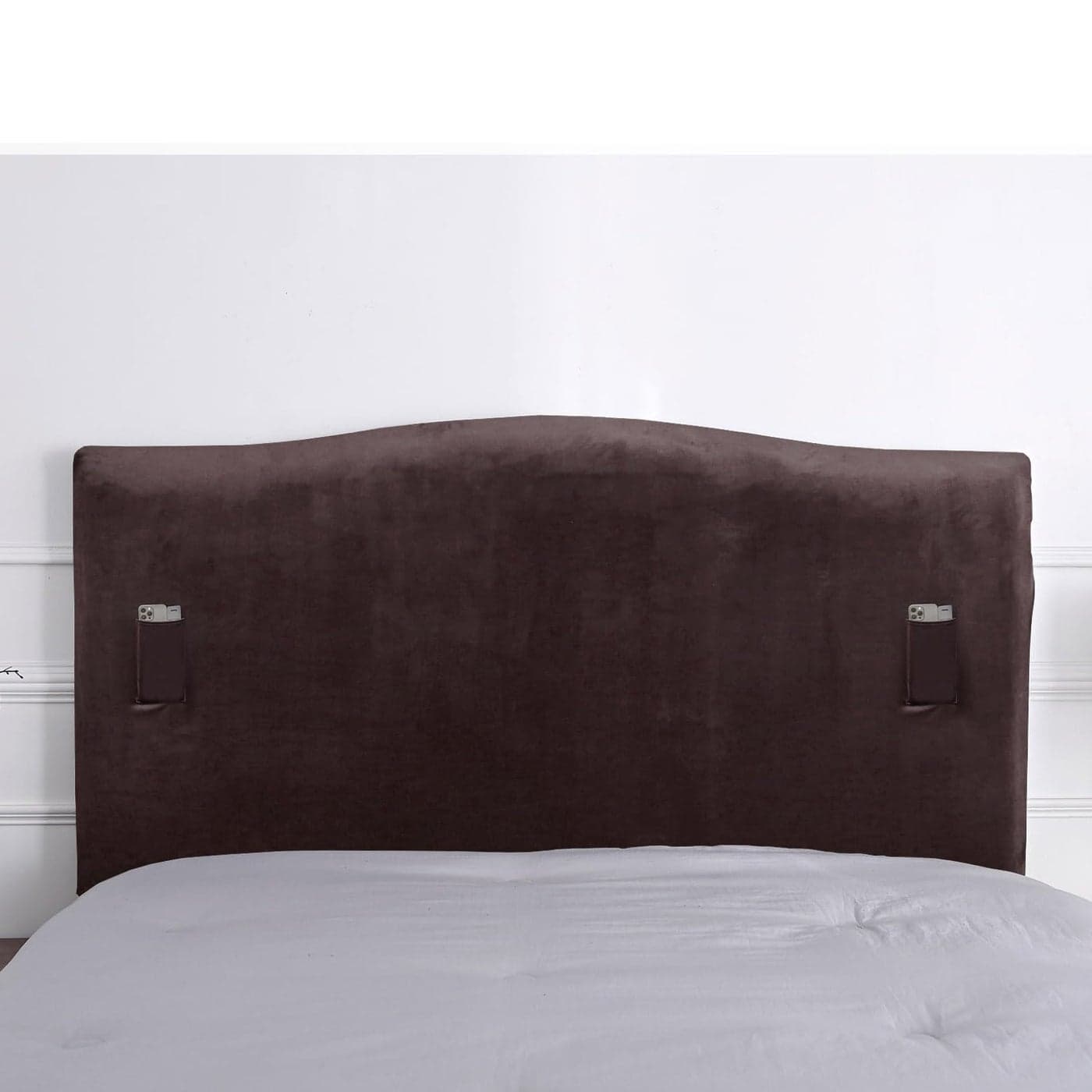WOMACO King Headboard Cover with Remote Pockets Stretch Velvet Head Board Slipcover Dustproof Bed Head Cover for Upholstered Headboard Length 71 90 Coffee