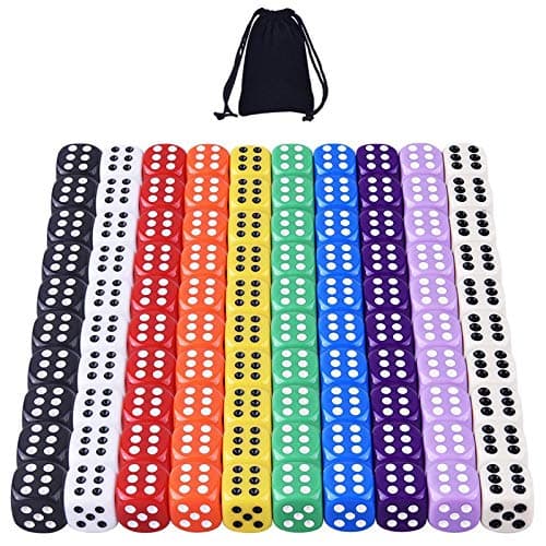 AUSTOR 100 Pieces Dice 6 Sided Game Dice Set 10 x 10 16mm Acrylic Dice with Velvet Pouch for Tenzi Farkle Yahtzee Bunco or Teaching Math