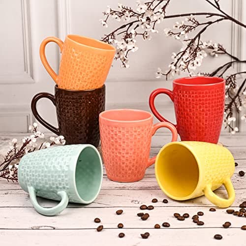 Anwaliya Mulan Series Wool Embossed Ceramic Coffee Mug Set of 6 (350ml) Handcrafted Design Tea Cups Stackable, Chip Resistant, Large Serving Green Tea Cups, (Color May Vary)