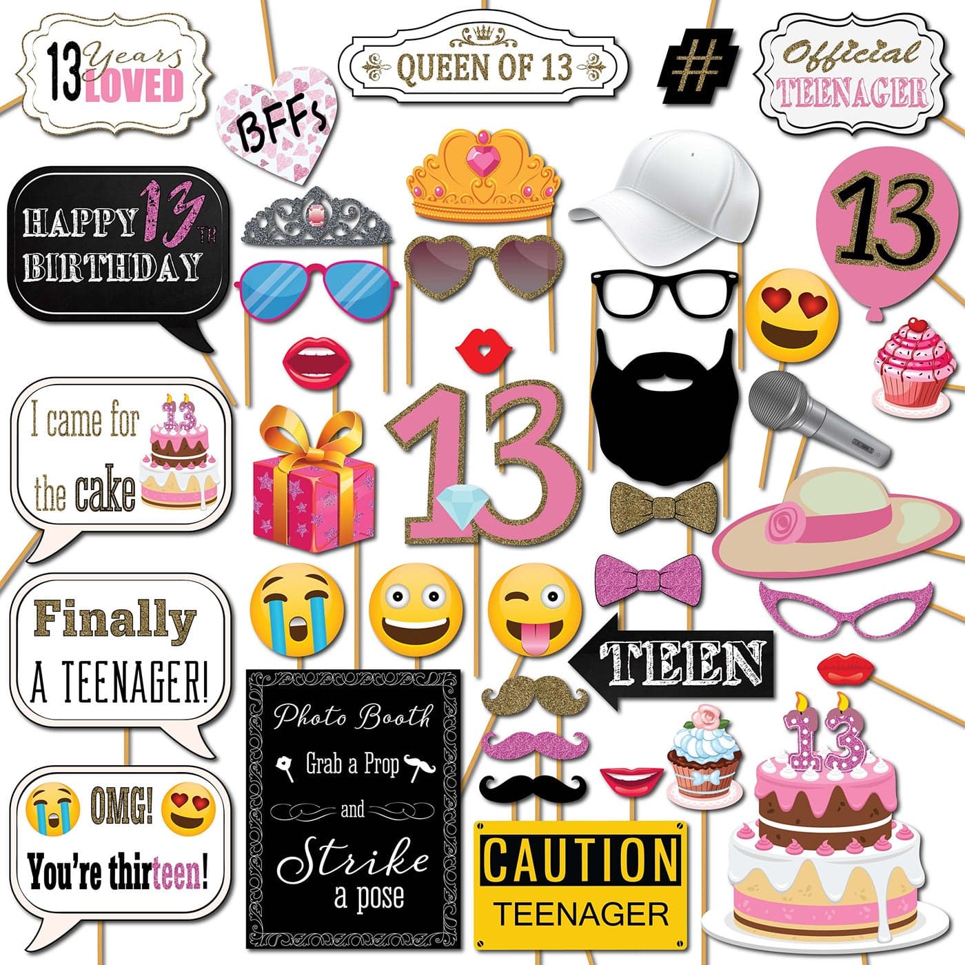 13th Birthday Photo Booth Props 41pc Photo Prop Kit with 8 x 10Inch Sign 60 Adhesive Pads 45 Sticks Teen Girl Photo Booth Props Party Supplies 13th Birthday