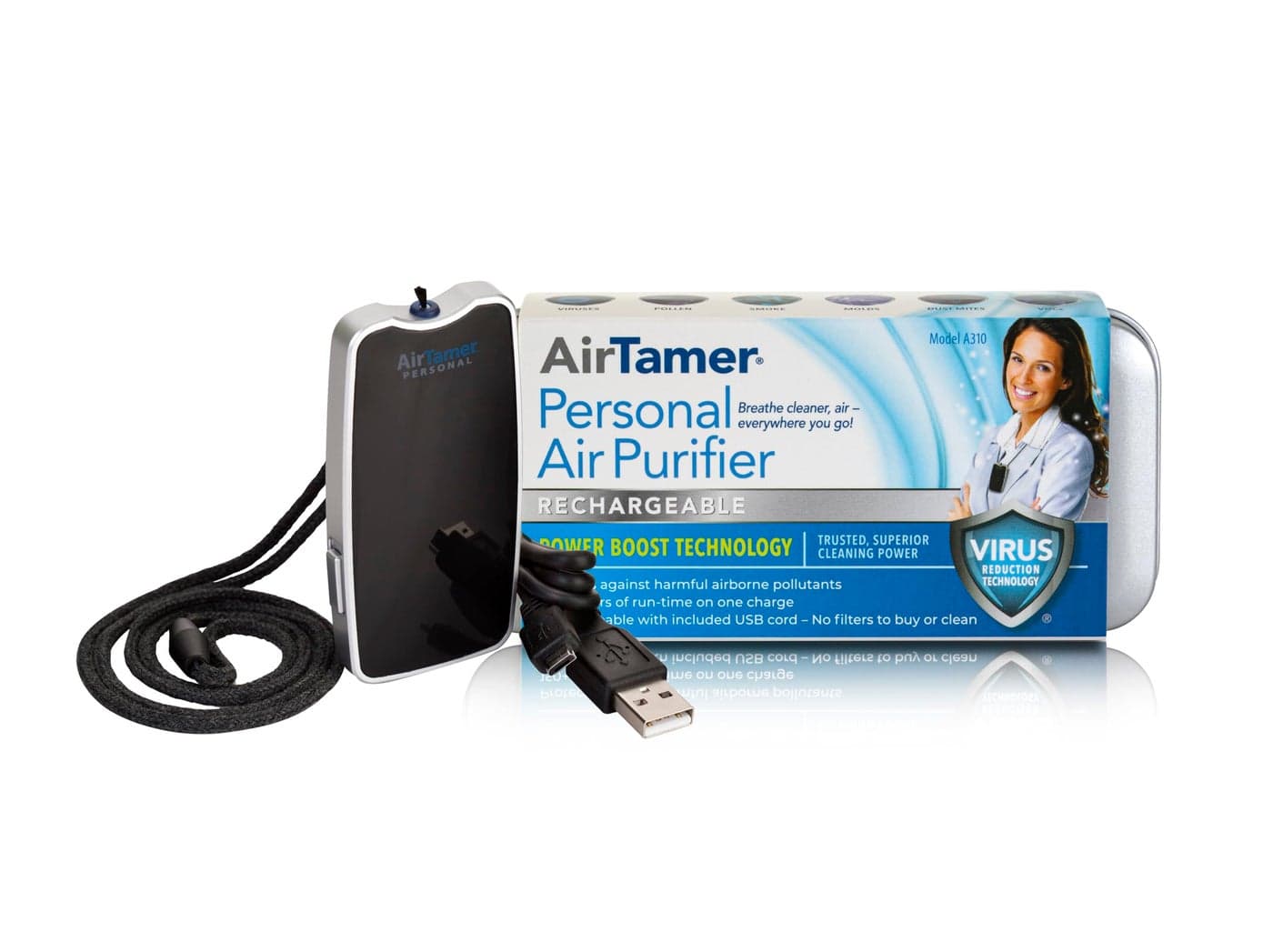 AirTamer A310 Rechargeable Personal Air Purifier Proven Performance Virus and Pollutant Tested Black with Metal Travel Case