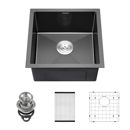 Black Kitchen Bar Sink Undermount, SINKVINE 18 Inch PVD Nano Stainless Steel Outdoor and Indoor Sink for Laundry RV, Deep Single Bowl with Drain Strainer, Bottom Rise Grid, Roll-up Drying Unit, 18x18