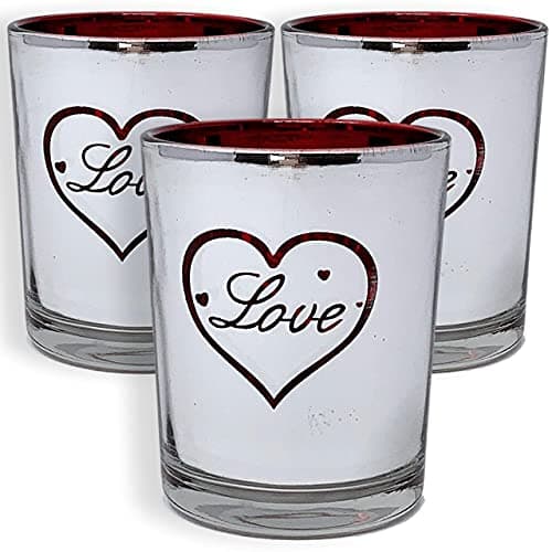 Silver Candle Holders with Red Heart and Love Design – Romantic Candle Decor – Weddings - Anniversaries - Valentine's Day - Christmas - 2.5" H x 2" W