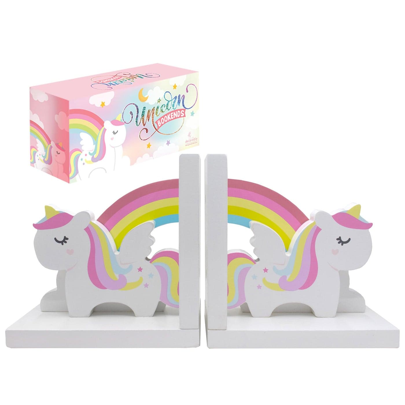 Decorably Unicorn Bookends for Girls 1 Set NonSkid Wooden Kids Book Ends for Shelves Kids Bookends for Girls