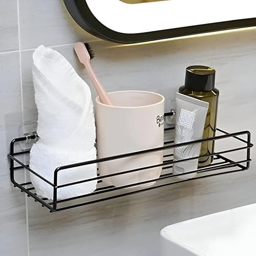 Homeor Multipurpose Self Adhesive Shelf for Bathroom/Kitchen Wall Mounted Rack Shelf with Magic Sticker Bathroom Organizer Without Drill, Pack of 1, Black Powder Coated