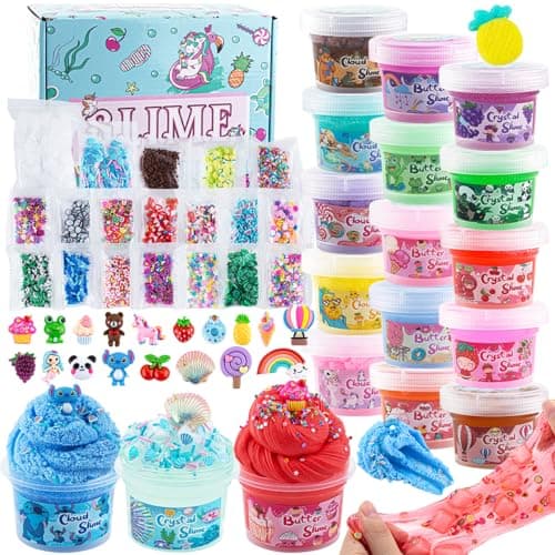 18 x 80 mL Big Premade Slime Kit 48 FL OZ Slime with 6 Butter 6 Cloud 6 Clear Crystal Slimes Varieties Party Favors for Kids 56 Pcs Slimes Pack with Jelly Cube Addins