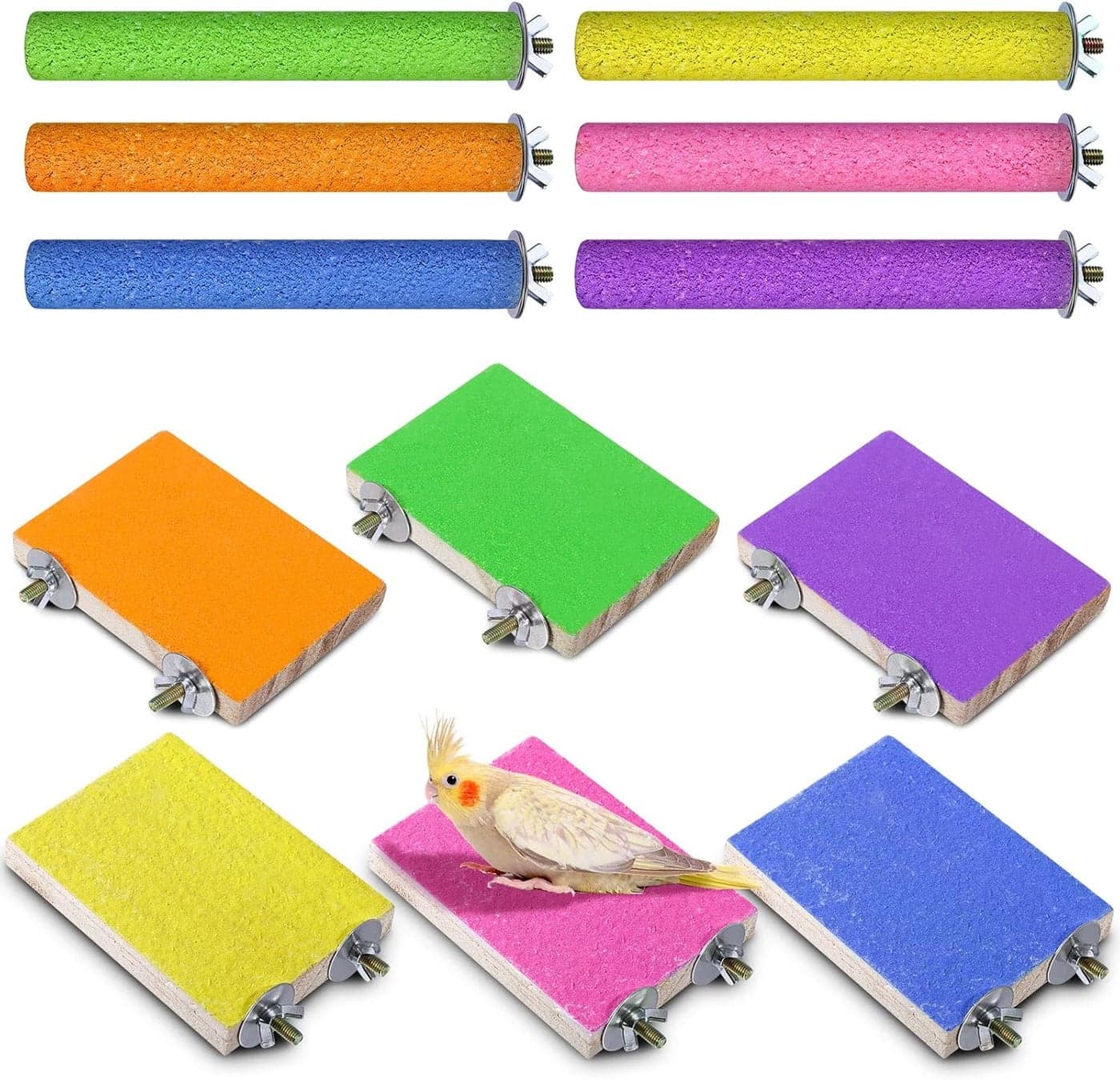 Reginary 12 Pcs Bird Perch Stand Toy Includes 6 Parrot Perch Wood Stand Bird Platform 6 Colorful Paw Grinding Stick for Cage Accessories Parakeet Cockatiel 6 Colors