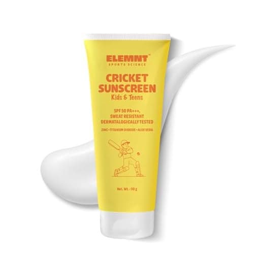 Elemnt Cricket Sunscreen for Kids & Teens | SPF 50, PA+++ Dermatologically Tested, Sweat and Water Resistant Mineral Sunblock | Kid friendly formulation for sensitive and dry skin | Kids Sun and Tan protection for Cricketers Girls and Boys 4 to 16 year old - 50gm (Pack of 1)