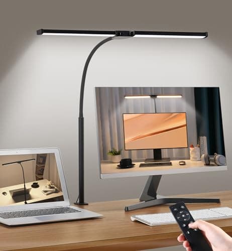 Motumen Led Desk Lamp for Home Office, Eye-Care Architect Light with Clamp, Smart Double Head Computer Monitor Table Clip Lamp, Adjustable Flexible Goose-Neck, 25 Lighting Models, Task Lamp, Black