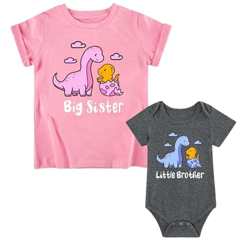 Funnycokid Big Sister Little Brother Outfit Matching Toddler Shirts for Girls Baby Boy Newborn Gifts Dinosaur 02 2T 03M