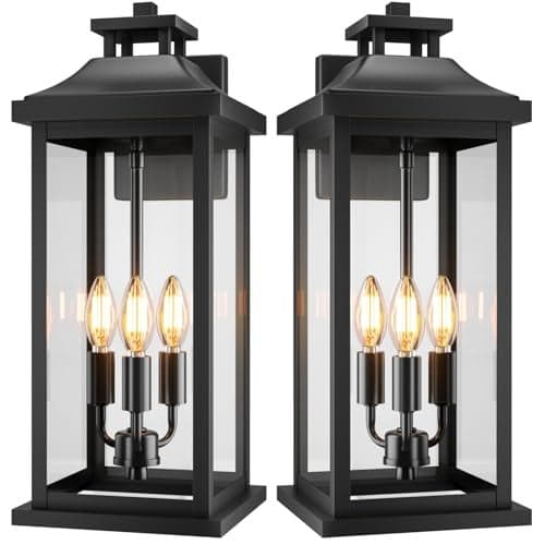 VenzBlomia 20" Large Outdoor Light Fixtures 3-Light 2 Pack, Black Outside Modern Porch Lights for House, Exterior Wall Sconce Lanterns Wall Mounted Waterproof Outdoor Coach Lamps for Garage E12