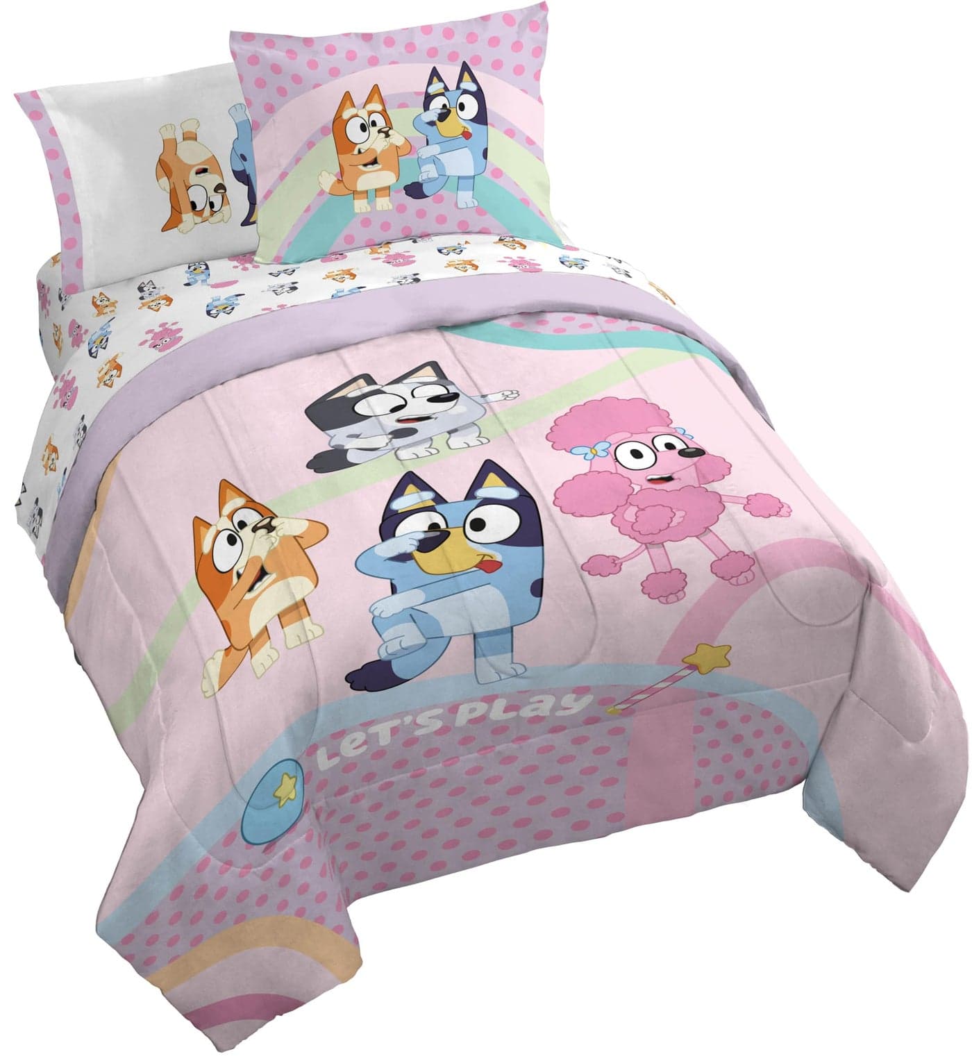 Jay Franco Kids Comforter Set Includes Sheets and Pillow Covers Soft and Cozy Bed Set for Stylish Room Decor Pink Bluey 7 Piece Queen Size Bedding