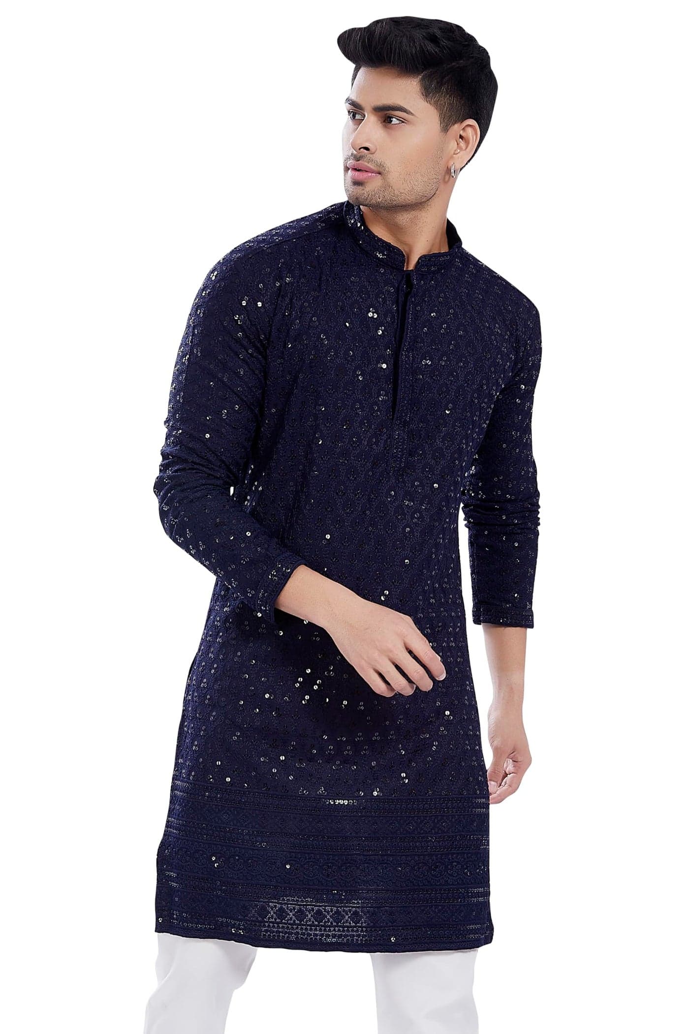 DIVISIVE Men's Sequince Embroidered Cotton Blend Only Slim Fit Kurta (DKRT671_XXXL_Navy)