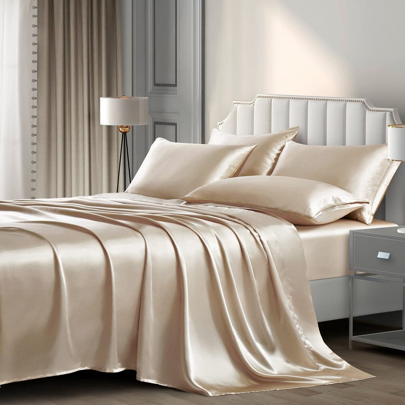 P Pothuiny Satin Sheets Set Queen 6 Pieces Taupe Luxury Soft Bed Linen Set with 1 Fitted Sheet 1 Flat Sheet 4 Pillowcases