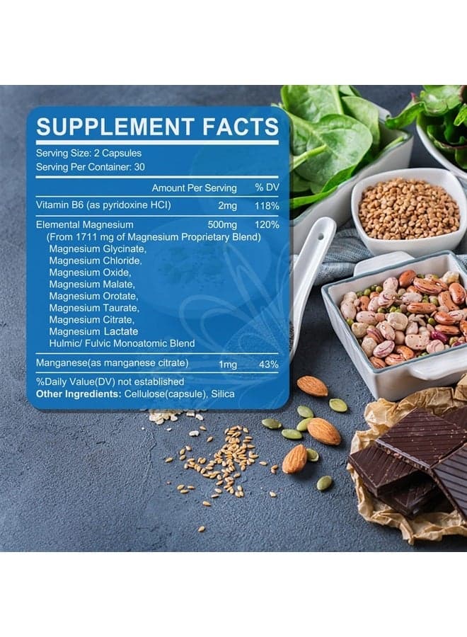 Magnesium Complex Supplement 8 Forms, 500mg Magnesium Glycinate, Malate, Citrate, High Absorption Mg for Calm, Sleep, Mood & Healthy Muscle, Pack of 2, Total 120 Vegan Capsules