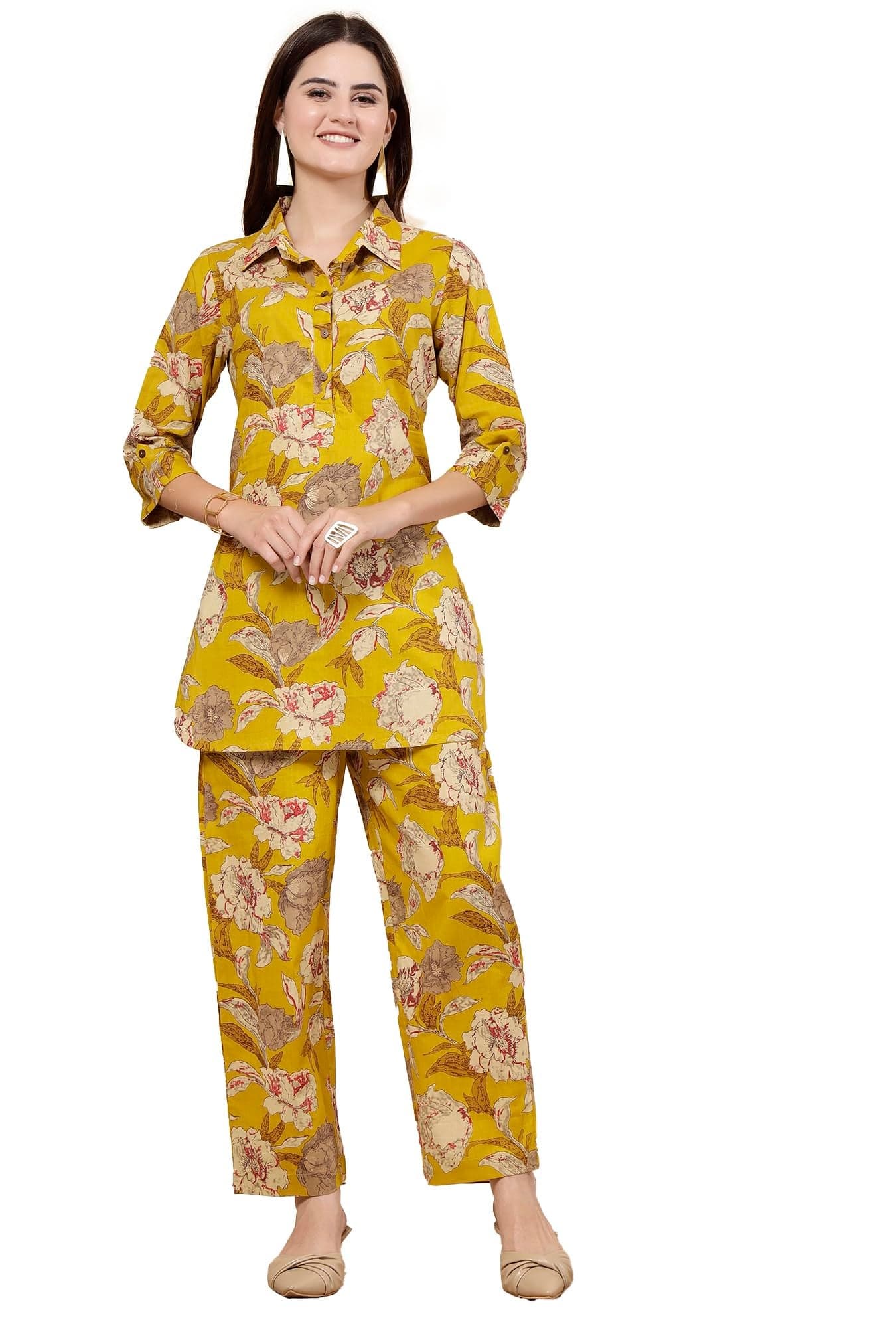 Pistaa's Women Summery Floral Cotton Co-ord Set (M, Mustard Yellow)
