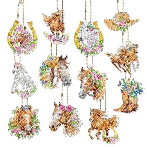 Keluna Diamond Art Horse Keychains 12 Pcs Diamond Painting Keychains Kits Western Cowboy Watercolor Flower Horse DIY Key Chain Crafts Art Kits for Adult