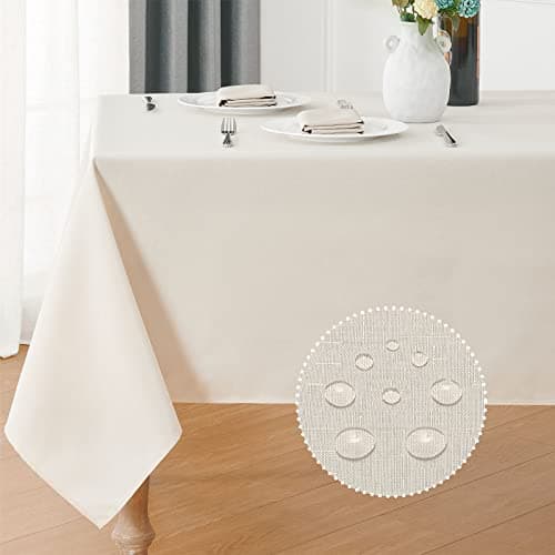 Veblandy Rectangle Tablecloth 60x120 inch Linen Textured Waterproof Table Cloth Stain and Wrinkle Resistant Washable, Decorative Fabric Table Cover for Outdoor and Indoor Use, Ivory