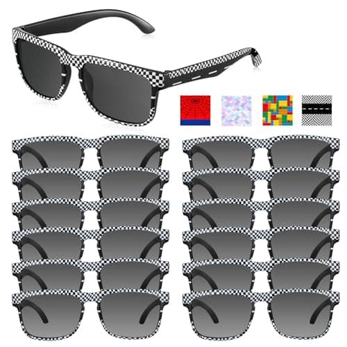 Jeere 12 Pack Sunglasses for Kids Party Favors Plastic Sunglasses for Summer Pool Beach Accessories Birthday Gifts Race Car Checkered