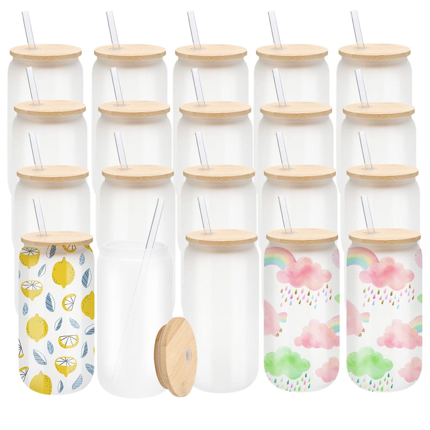 WHEATHUSK 20 Pack Sublimation Glass Cups Frosted 16oz Blanks Sublimation Borosilicate Glasses Tumbler with Bamboo Lids and Straws for Beer Juice Soda Iced Coffee Drinks