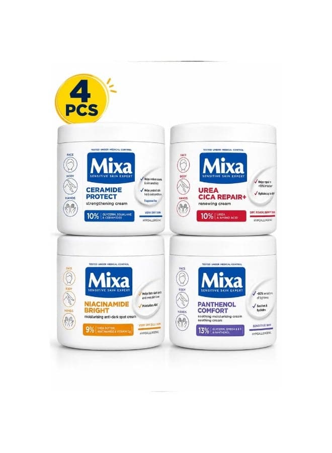 Mixa Intensive Skincare Collection – 4 Pieces | Ceramide Protect Strengthening Cream, Urea Cica Repair+ Renewing Cream, Niacinamide Bright Anti-Dark Spot Cream & Panthenol Comfort Soothing Cream – 4 × 400 ml