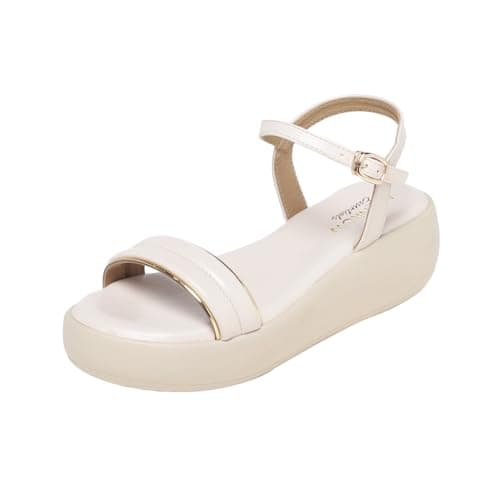 MONROW Fancy and Stylish Extra Cushioning and Comfortable Fashionable Light Weight Allday wear Vegan Wedge Heels for Women and Girls Cream 7UK