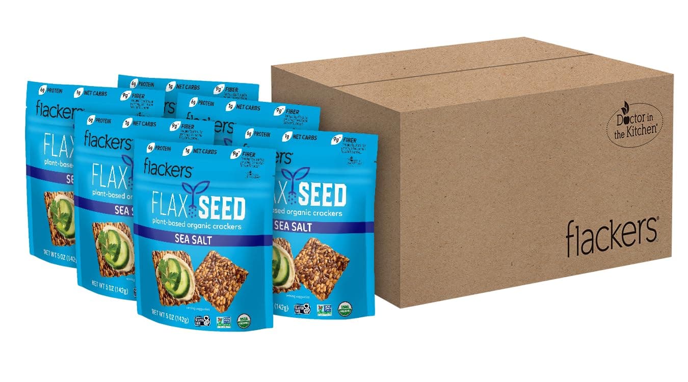 Flackers Organic Sea Salt Flaxseed Crackers, 5 Ounce 6-Pack, Gluten Free, Non GMO, Vegan, Keto Snack, 9g Fiber, 1g Net Carb