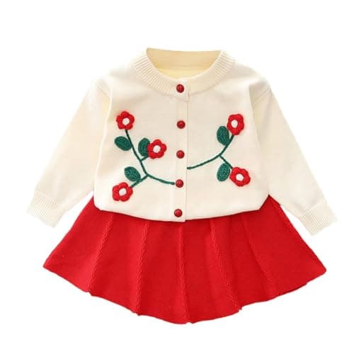 Bold N Elegant Girls Woolen Warm Embroidered Sweater Top with Midi Skirt Winter Party Dress for Girls 1 to 6 Years (Red, 1-2 Years)