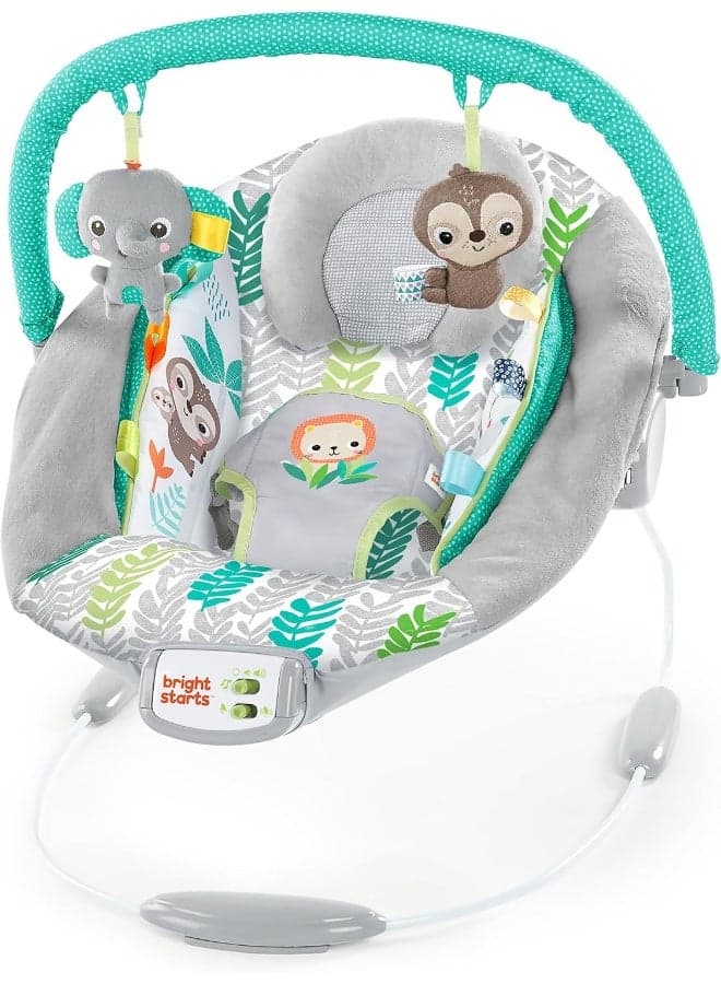 Bright Starts Jungle Vines Comfy Baby Bouncer and Vibrating Infant Seat with Taggies & Elephant and Sloth Plush Baby Toys