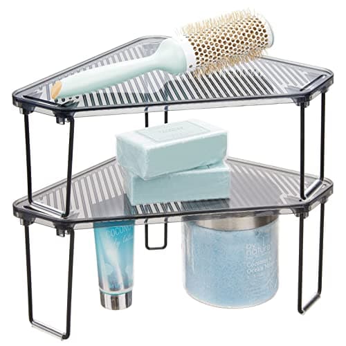 mDesign PlasticSteel Corner Stackable Rack Storage Organizer Shelf for Bathroom Vanity Countertop Sink Cabinet Holds Makeup Shower Accessories Ligne Collection 2 Pack BlackSmoke Gray